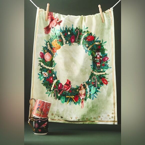 Anthropologie Peck the Halls Dish Towel New With Tags Christmas - Picture 1 of 2